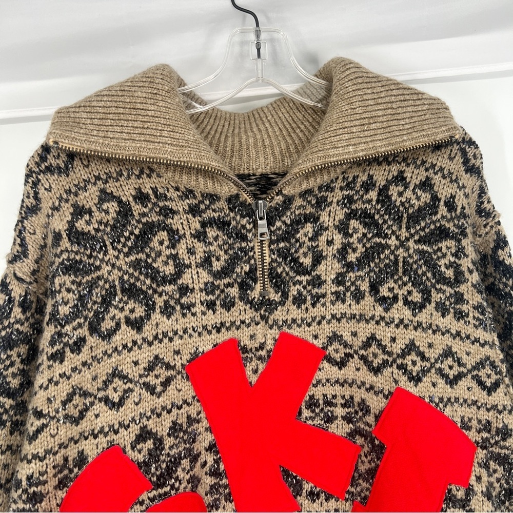 Free People Mt. Snow "SKI" Half Zip Collared Winter Knit Pullover Tunic Sweater - Picture 5 of 11